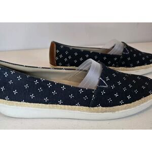 Trotters Accent Navy Blue White Linen Espadrille Slip On Shoes Womens 12M